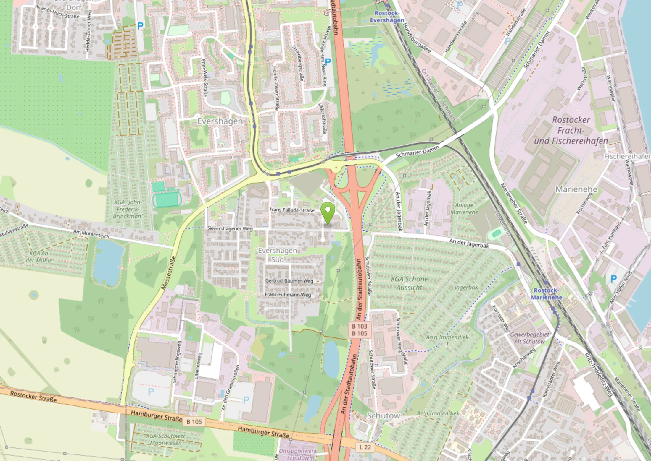Kartenausschnitt Rostock-Evershagen mit Standort-Marker: Hans-Fallada-Straße 21, direkt an der Stadtautobahn